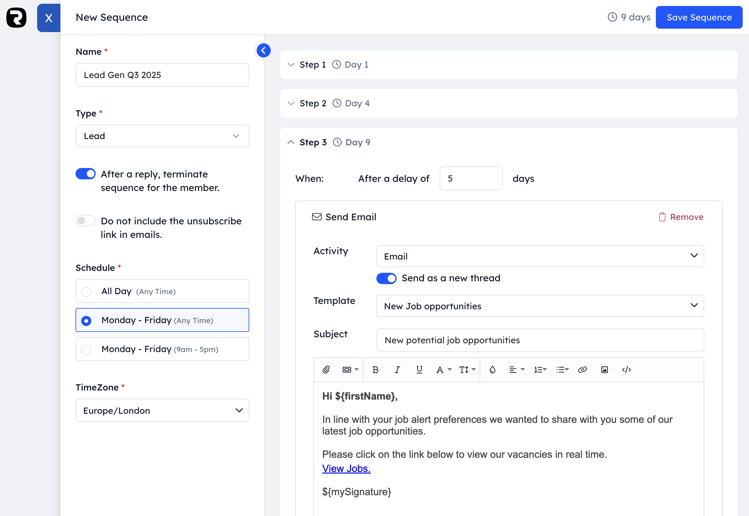 Recruitly Drip Campaign Dashboard showing automated email sequences and engagement analytics