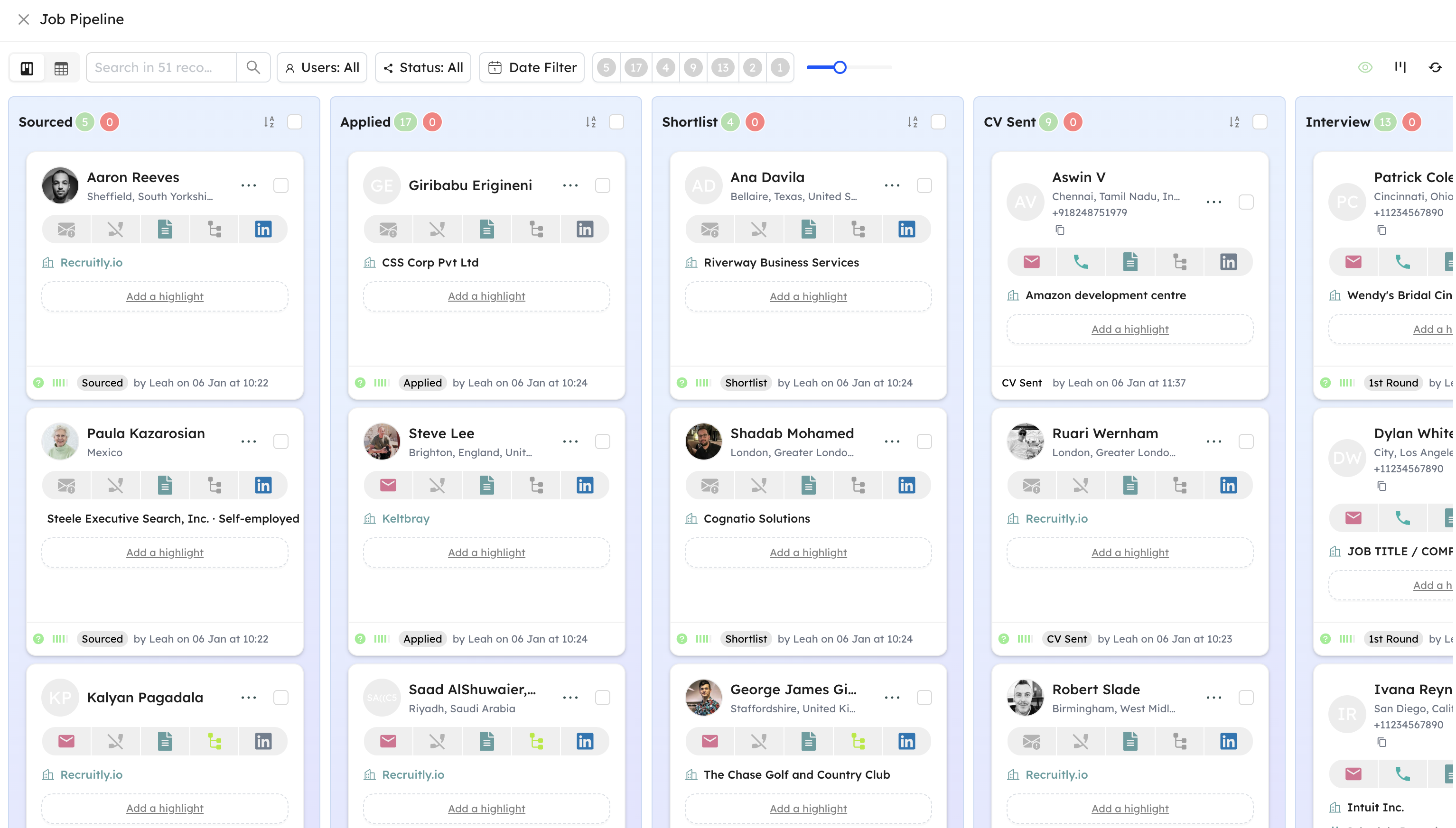 Recruitly Job Pipeline View